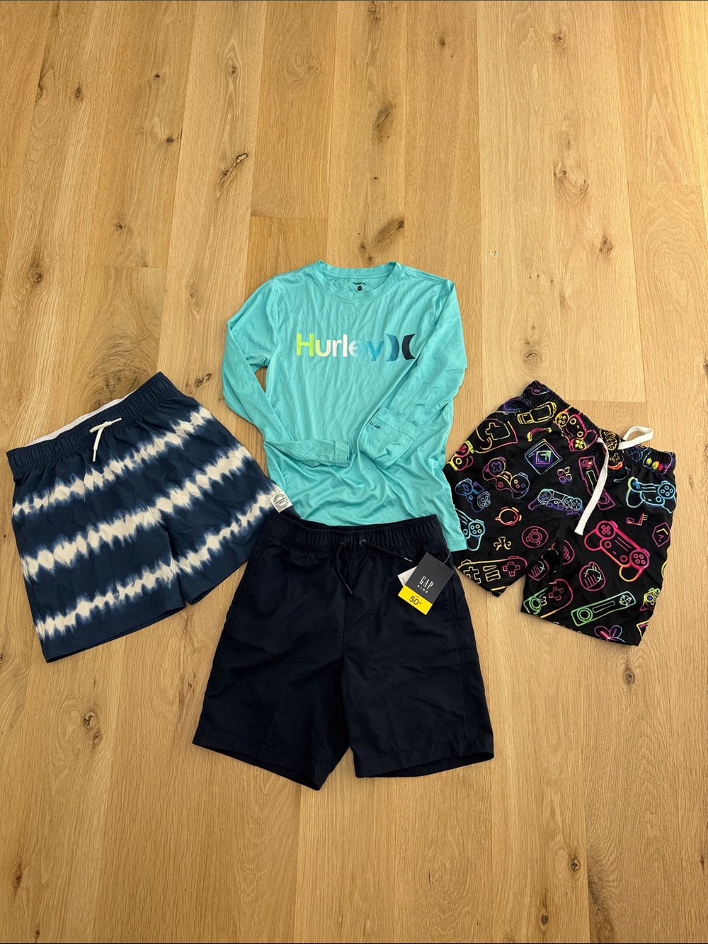 Hurley Teal Long Sleeve Rash Guard with Three Boys' Swim Shorts size 10